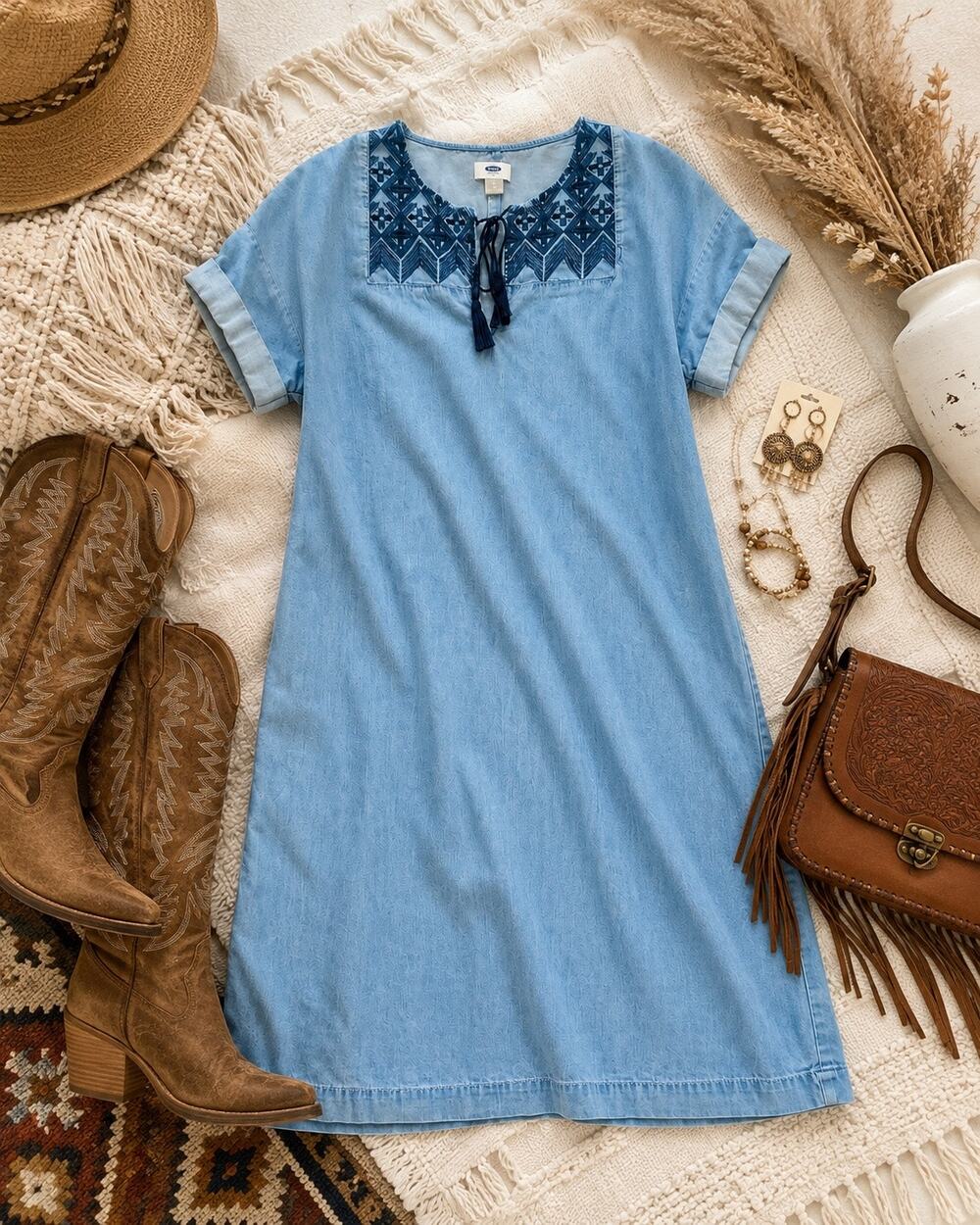 Old Navy Embroidered Cotton Shift Dress Size M Boho